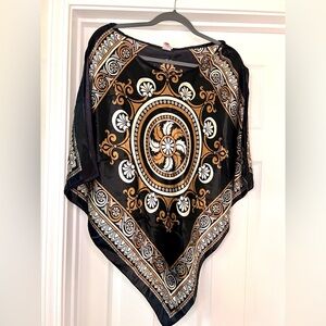 Silky Black Top - Handkerchief Style w/ Gold Geometric Medallion Mandala Print